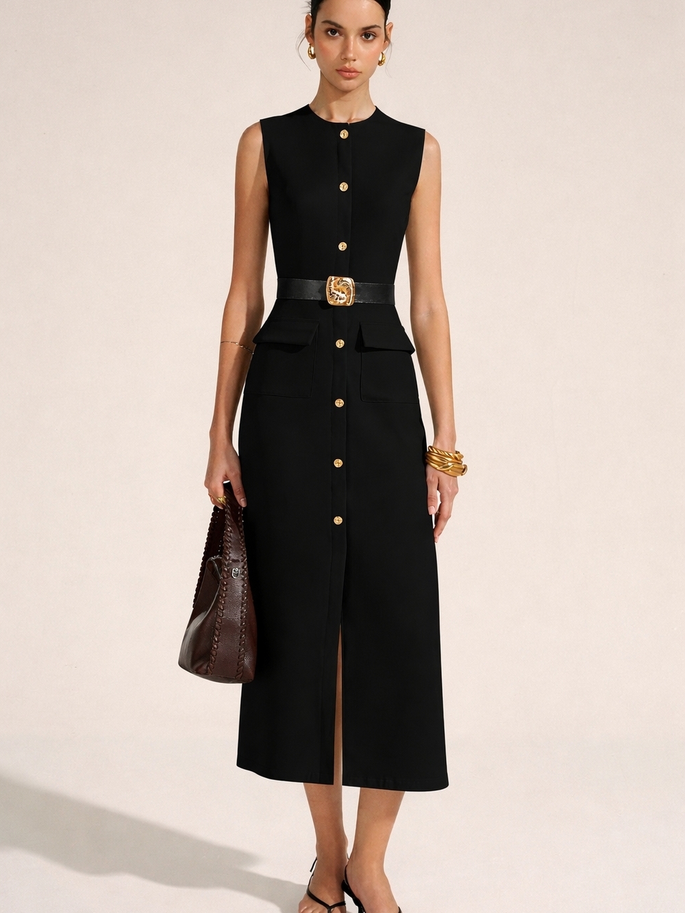 Button-Front Belted Maxi DressA